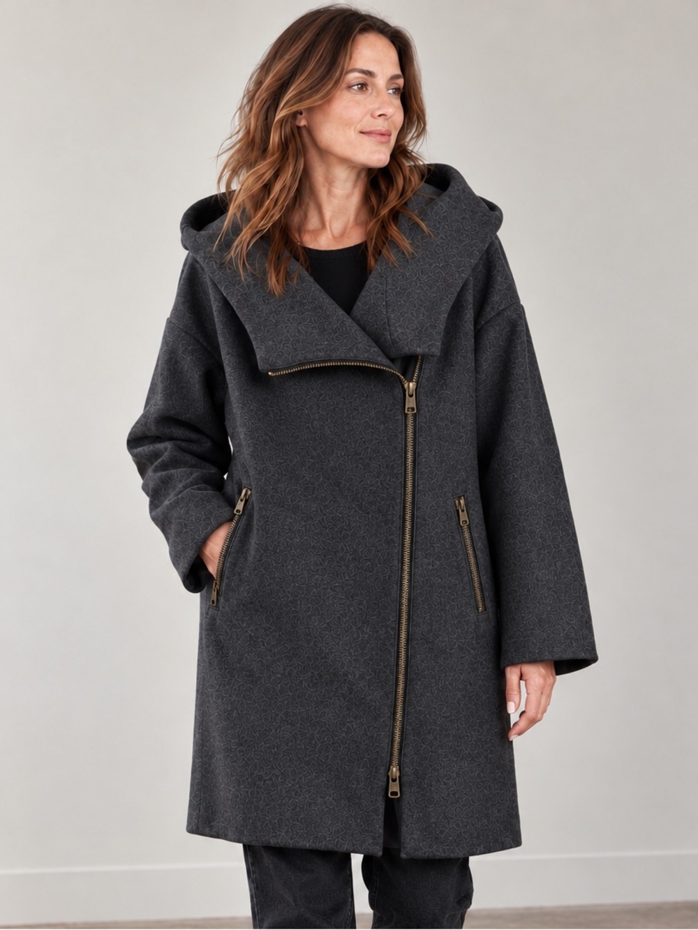 Soia & Kyo Wool Cashmere Hooded Asymmetric Zip Coat Charcoal M